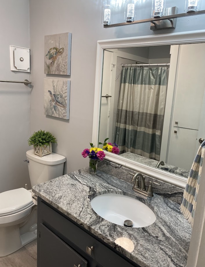 Bathroom with gray walls, featuring a granite countertop, sink, and mirror.